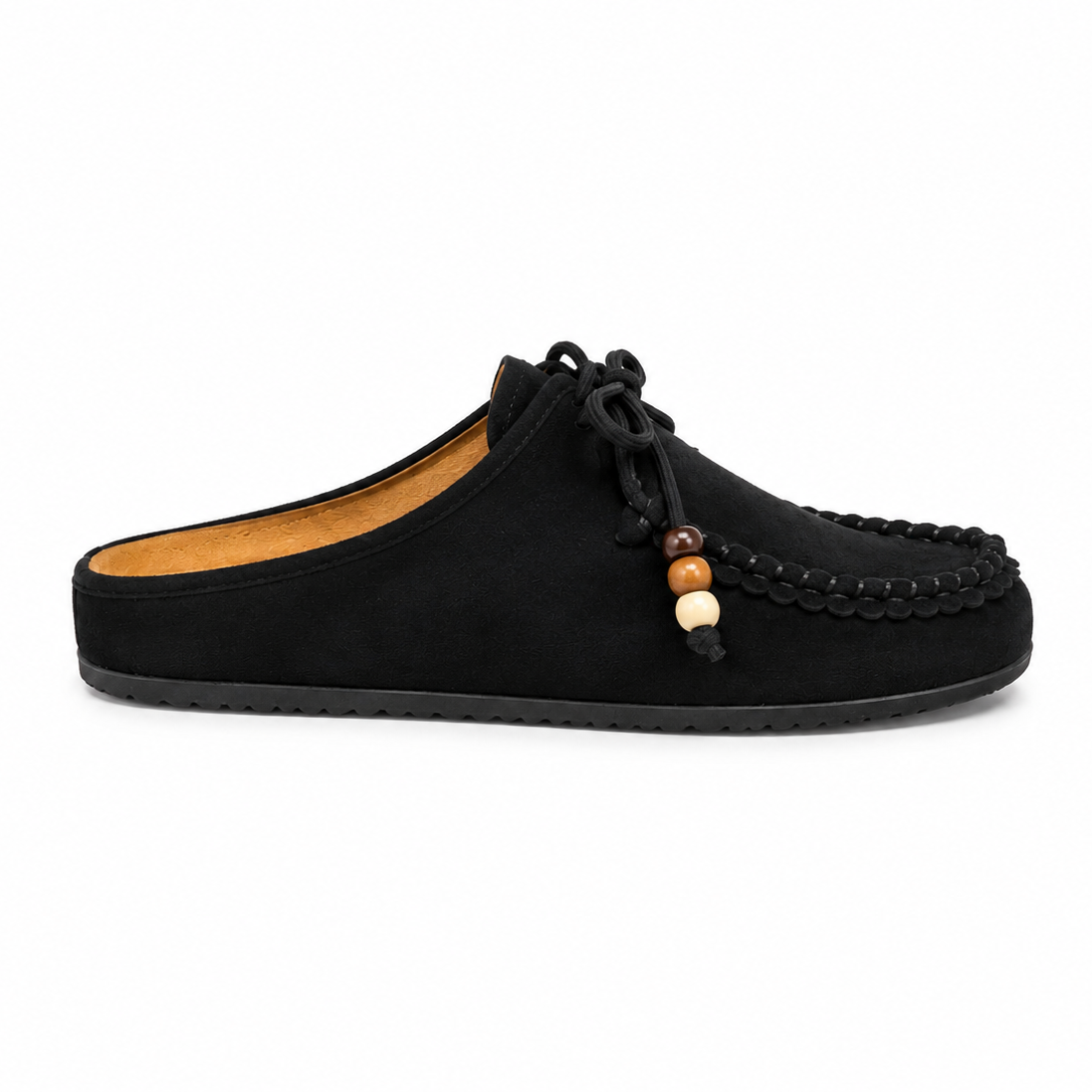 Mules brodées et bijoux en bois - Noir
